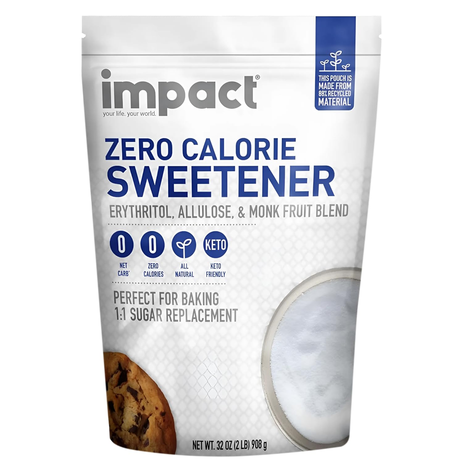 Impact - Erythritol Allulose Monk Fruit Sweetener Blend, Zero Calorie, Zero Net Carbs, Keto Friendly, Zero Glycemic, Gluten Free, Vegan, Non-Gmo, 1:1 White Sugar Substitute - 2Lb