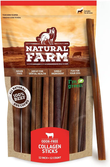 Natural Farm Odor-Free Collagen Dog Chews, (12-Inch, 12-Pack), Long Lasting Bully Sticks & Rawhide Alternative Dog Treats, 95% Collagen, High Protein Best Dental Dog Treats – Medium & Large Dogs