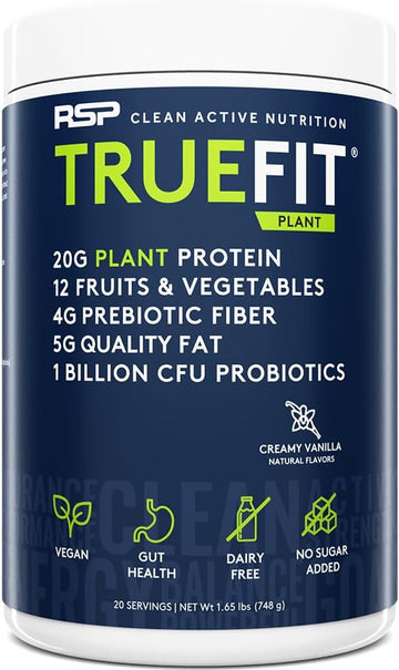 Rsp Truefit Vegan Protein Powder Meal Replacement Shake, Plant Based Protein + Organic Fruits & Veggies, Fiber & Probiotics, Gluten Free, Dairy Free