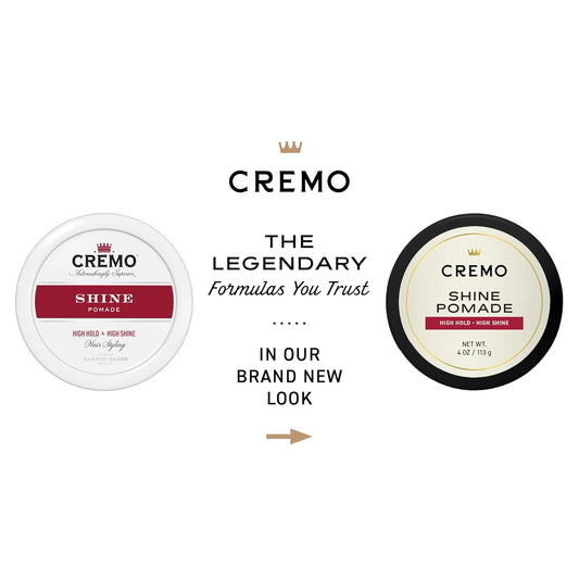 Cremo Premium Barber Grade Hair Styling Shine Pomade, High Hold & Shine, 4 Oz (Packaging May Vary)