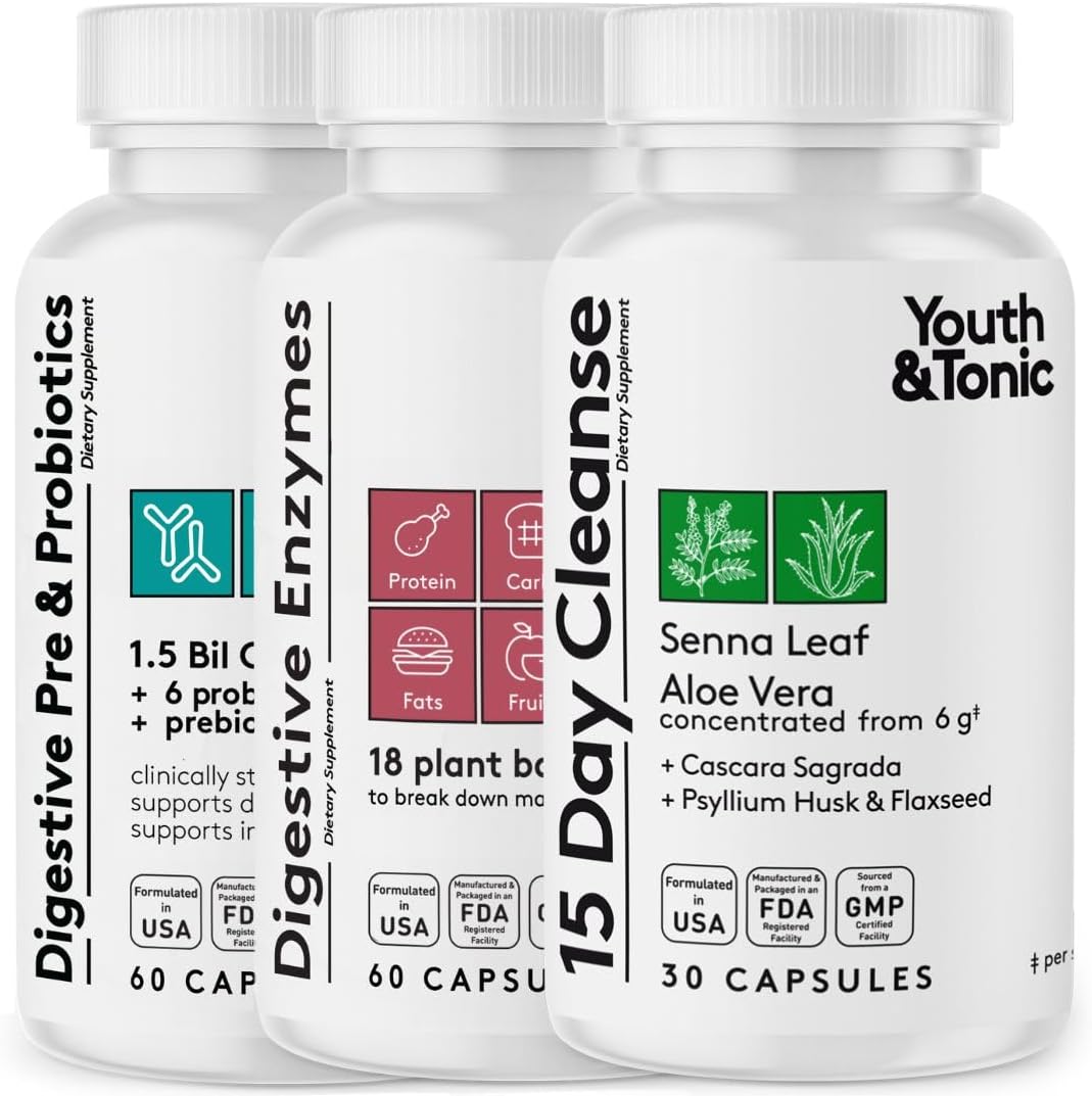 Youth & Tonic 15 Day Colon Cleanse Digestive Enzymes With Pre & Probiotics | For Digestion, Belly Bloat, Break Down Food, Gut Health And Regularity,150 Pills For Women & Men