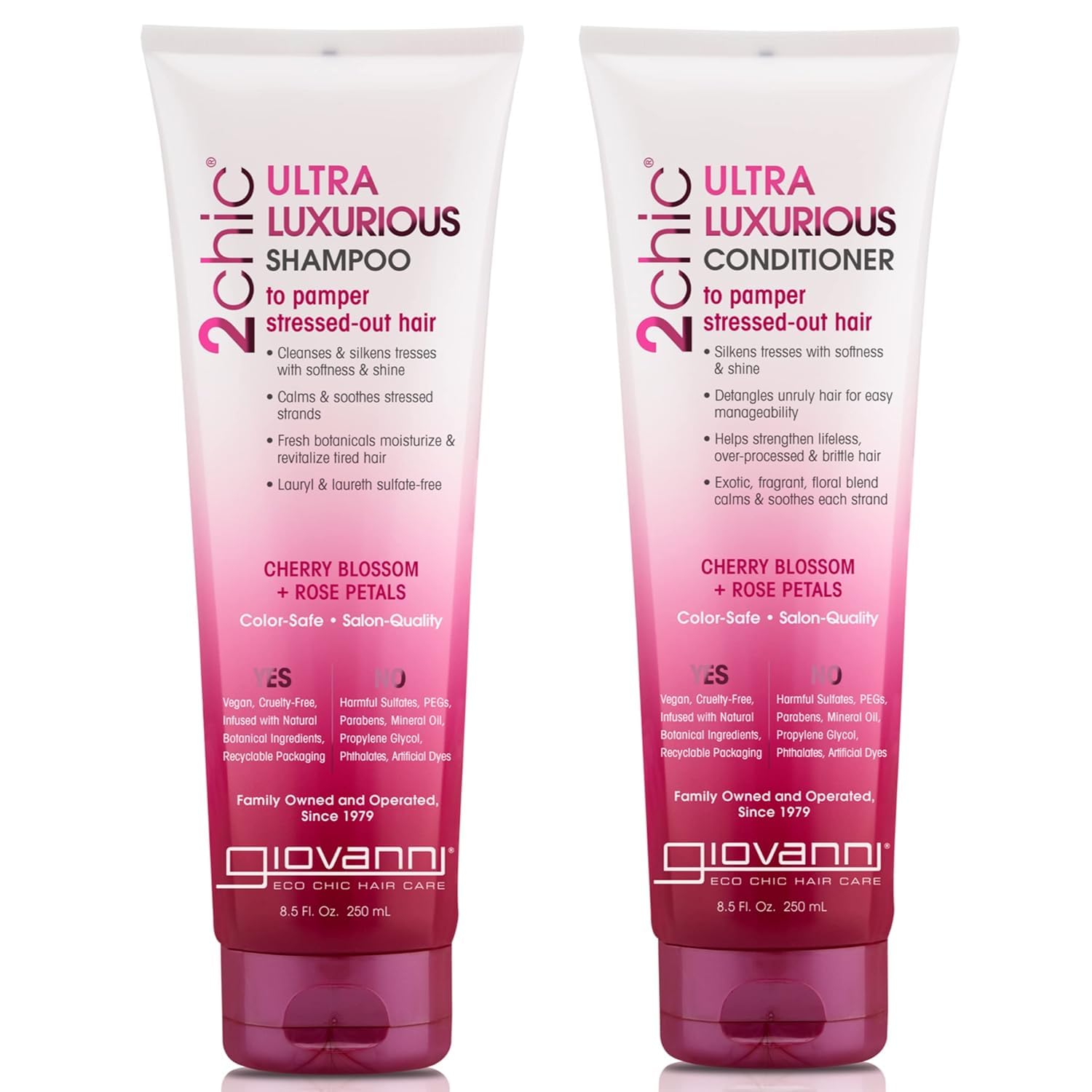 Giovanni 2Chic Ultra-Luxurious Shampoo And Conditioner Set - Sulfate Free Shampoo And Conditioner, Rose Shampoo And Conditioner, Cherry Blossom, Silkens Tresses, Salon Quality, Vegan - 8.5 Fl Oz Each