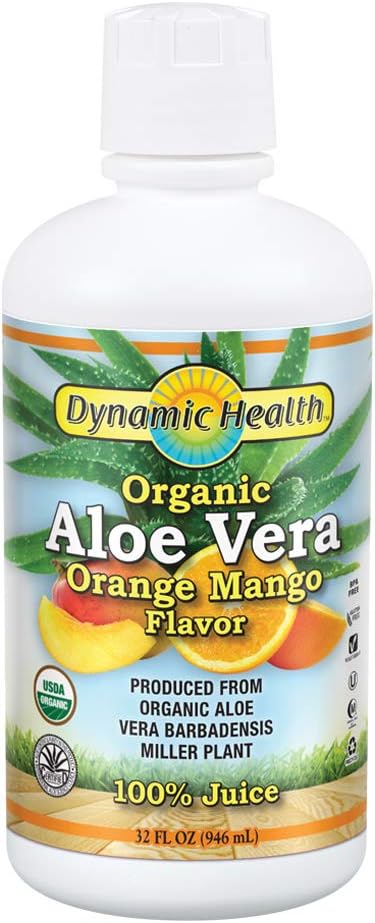 Dynamic Health Organic Aloe Vera Juice, Orange Mango Flavor | No Added Sugar, Artificial Color or Sweeteners, No Gluten or BPA | 32oz, 8Serv