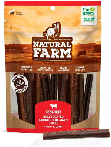 Natural Farm Bully Coated Gourmet Collagen Sticks (4 Inch, 10 Pack), Real Bully Beef Coated, 95% Natural Collagen Dog Chews, Supports Healthy Joints, Skin & Coat - Best For Small & Medium Dogs