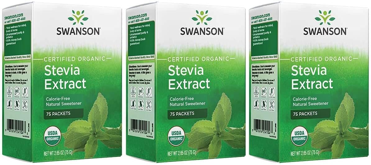 Swanson Stevia Extract - Certified Organic Calorie-Free Sweetener 75 Packets (3 Pack)