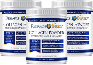 Research Verified® Collagen Powder - Hydrolyzed Marine Collagen - Unflavored - Skin Hydration And Elasticity, Muscle Recovery, Non Gmo - 30 Scoops Per Container - 3 Month Supply