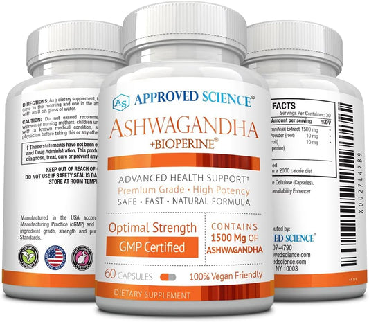 Approved Science Ashwagandha 1500mg with Bioperine? and Ginger- Boost Mood & Energy - 60 Vegan Friendly Capsules (3 Bottles)