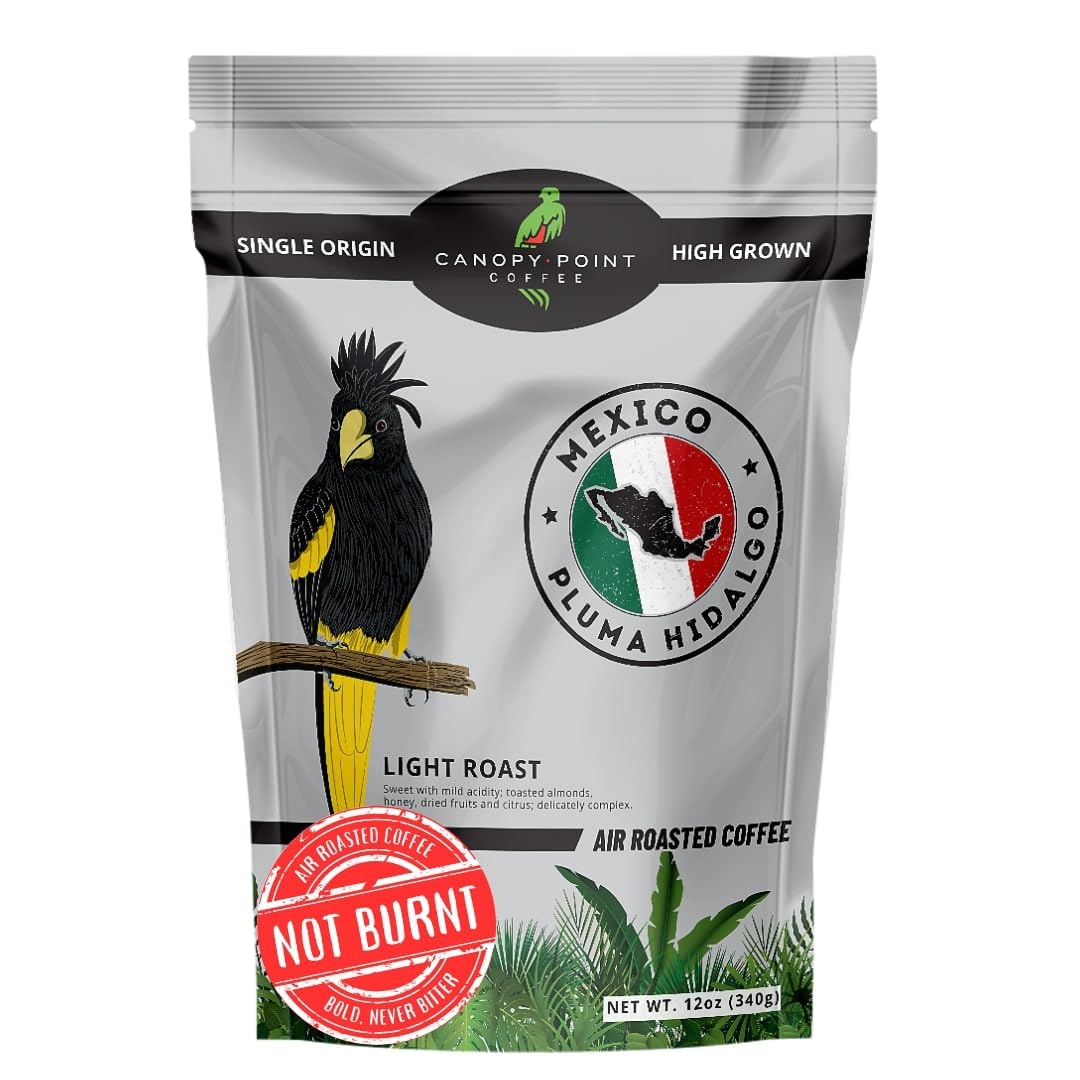 Canopy Point Coffee - Pluma Hidalgo Mexico Light Roast - Freshly Ground, Gourmet Blonde Roast, Arabica Single Origin, Specialty Small Batch Air Roasted Coffee, Mild Acidity with Toasted Almond, Honey, and and Citrus Notes, Bold not Bitter (Ground, 12oz)