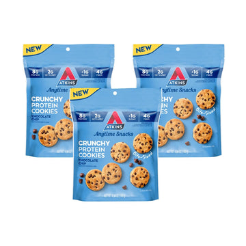 Atkins Bite-Sized Crunchy Protein Cookies, Chocolate Chip, 8g Protein, 4g Fiber, 1g Net Carb, 1g Sugar, Keto Friendly, 3 Bags (5 Servings Per Bag)