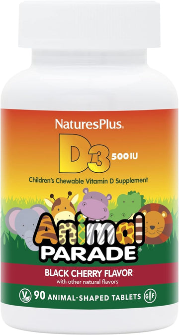 Natures Plus Animal Parade Vitamin D3 Children?s Chewables - Black Cherry Flavor - 90 Animal-Shaped Tablets - Gluten Free, Vegetarian, Hypoallergenic - 90 Servings