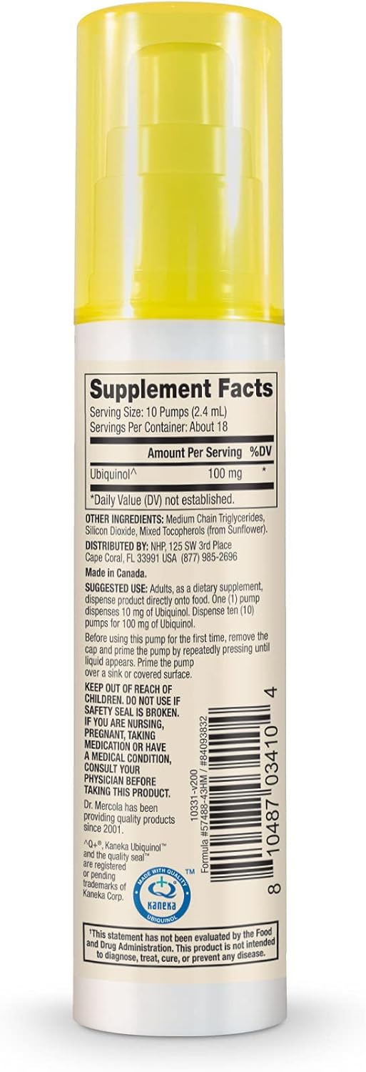 Dr. Mercola Ubiquinol Liquid Pump, 1.45 Fl. Oz. (43 Ml), About 18 Servings, Dietary Supplement, Supports Mitochondrial Health, Non-Gmo