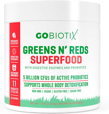 Gobiotix Super Greens And Reds Powder - Red And Green Superfood - Probiotic Supplement - Digestive Enzymes And Beet Root Powder - Organic Whole Foods Dietary Supplement (Pom Raspberry, 1 Pack)