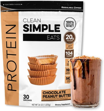 Clean Simple Eats Chocolate Peanut Butter Whey Protein Powder, Natural Sweetened And Cold-Processed Whey Protein Powder, 20 Grams Of Protein (30 Servings)