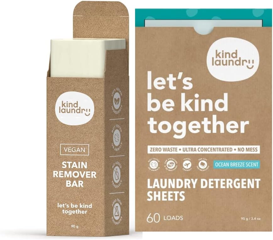 KIND LAUNDRY Detergent Sheets (Ocean Breeze) and Vegan Stain Remover Bar & Pre-Treater (5 oz)