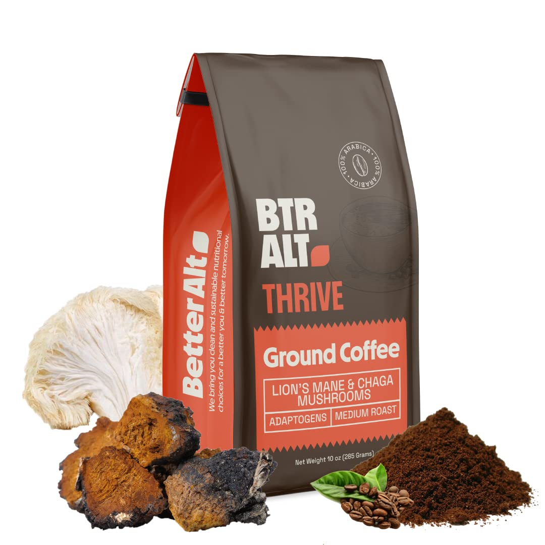 Mushroom Coffee by Better Alt | Ground Coffee Medium Roast | Premium Arabica with Lion's Mane & Chaga | Immune Support, Energy Boost, Enhanced Focus & Concentration | No Crashes & Jitters | 10oz