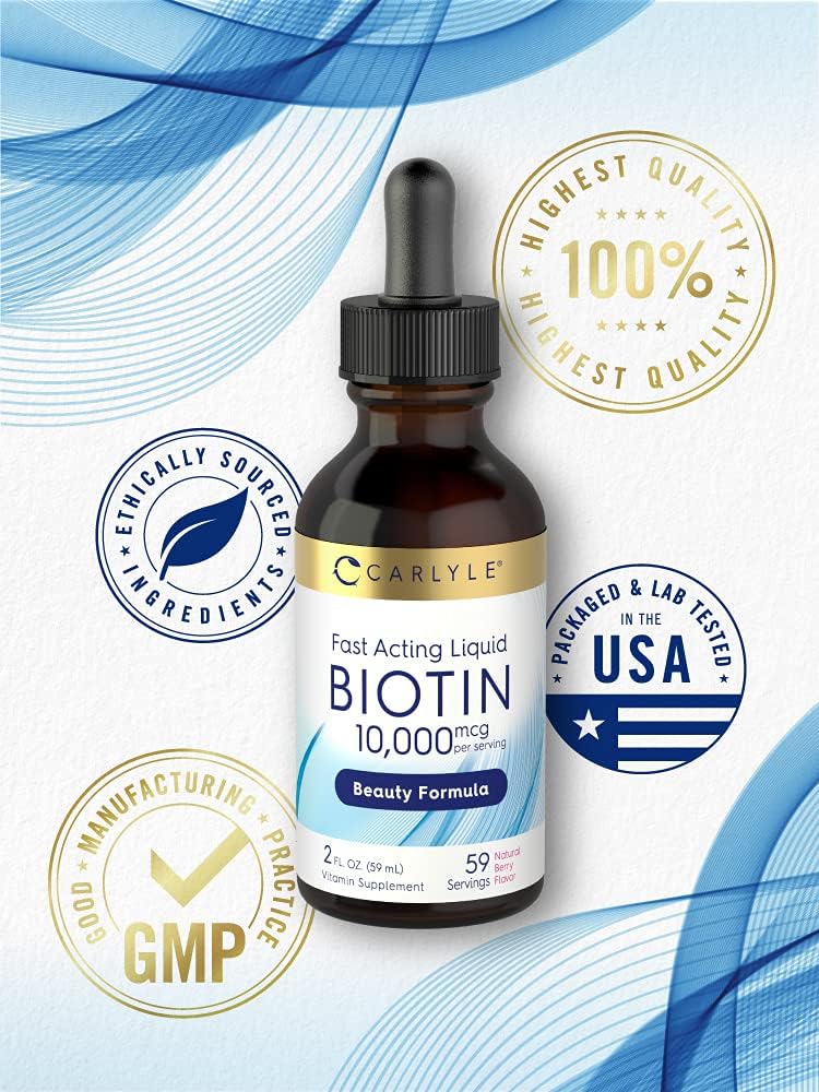 Carlyle Liquid Biotin 10000mcg 2 oz | Extra Strength Gel Drops | Vegetarian, Non-GMO, Gluten Free Supplement : Health & Household