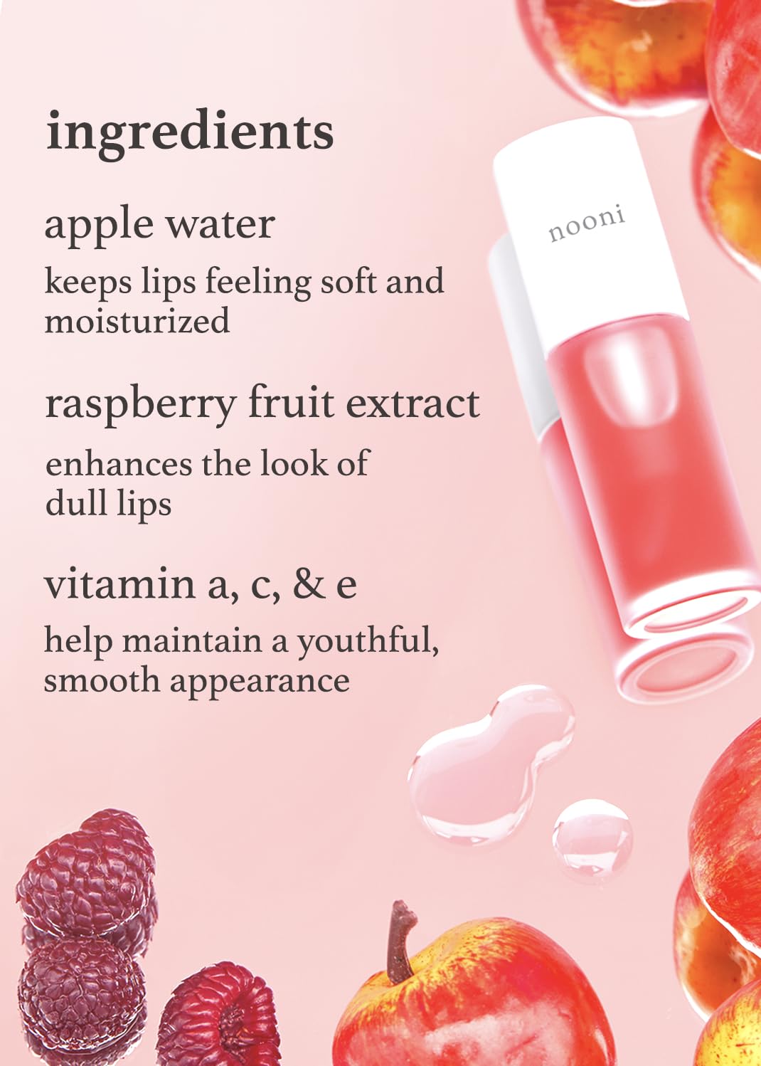 Nooni Korean Vegan Lip Oil - Appleberry | Lip Stain, Long-Lasting, Moisturizing, Plumping, Revitalizing For Dry Lips, Waterproof, No Peel Off, Korean Lip Tint, Valentine Day Gifts, 0.12 Fl Oz