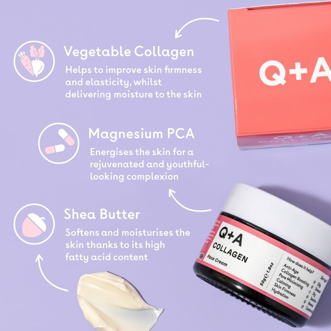 Q+A Collagen Face Cream (50g), Natural Skincare Anti-Ageing Face Care with plant-powered Collagen, Shea Butter and Magnesium, Hydrating and Firming Day Cream : Amazon.co.uk: Beauty
