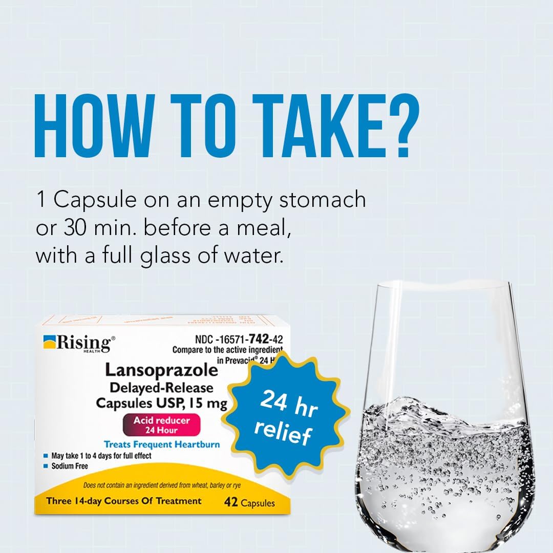 Rising Health - Lansoprazole Delayed-Release Capsules, Usp - 15 Mg - Treats Frequent Heartburn - 42 Count - Sodium-Free - Tamper-Evident Bottle