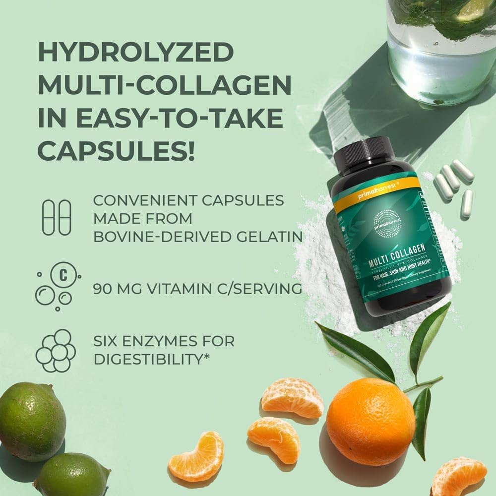 Primal Harvest Multi Collagen Pills for Women and Men (Type I, II, III, V, X) 120 Capsules w/Vitamin C for Hair, Skin, Nails : Health & Household
