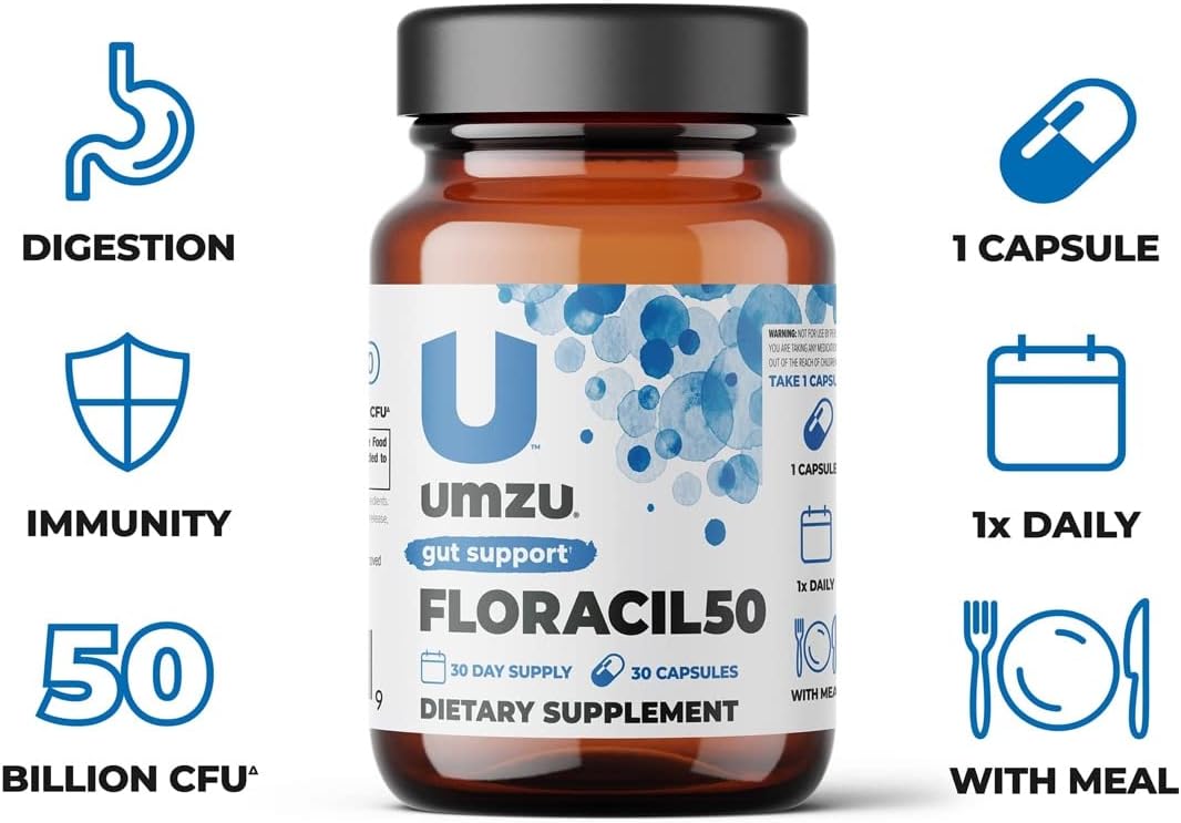 UMZU Floracil50 - 50 Billion CFU - Support Gut Health, Immune System & Digestion - With Lactobacillus reuteri, Lactobacillus rhamnosus & Bifidobacterium - 30 Day Supply - 30 Capsules : Health & Household