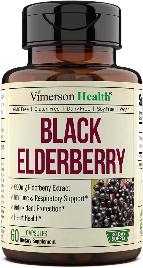 Black Elderberry Capsules. Immune Support Supplement for Respiratory Support & Heart Health - 600mg Antioxidant-Rich Sambucus Elderberry Extract. Vegan, Non-GMO, Gluten, Dairy & Soy-Free. 60 Capsules