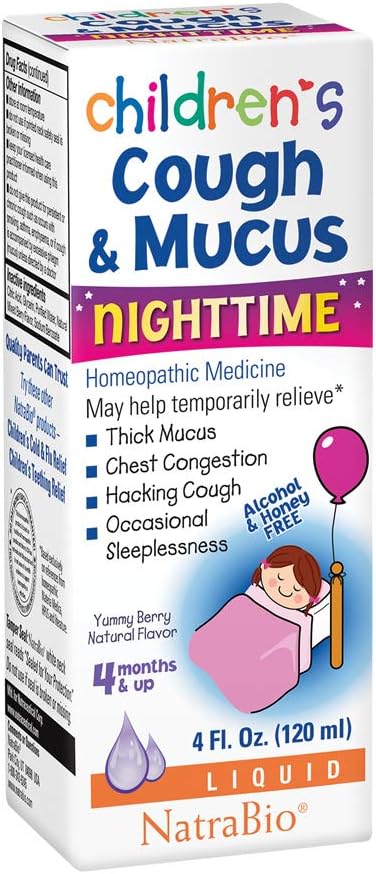 NatraBio Childrens Cough & Mucus Nighttime | Homeopathic Relief for Cough, Congestion | Ages 4+ Months | 4oz, 47 Serv