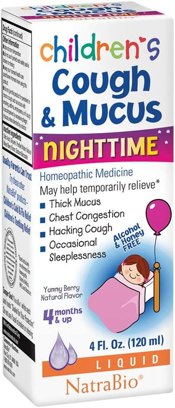 NatraBio Childrens Cough & Mucus Nighttime | Homeopathic Relief for Cough, Congestion | Ages 4+ Months | 4oz, 47 Serv