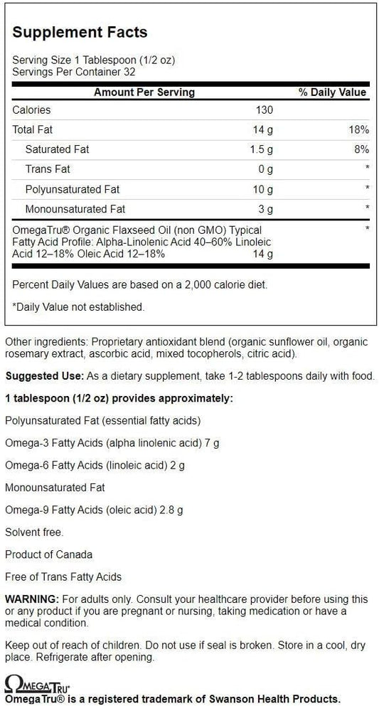 Swanson Flaxseed Oil (Omegatru) 16 fl Ounce (1 pt) (473 ml) Liquid