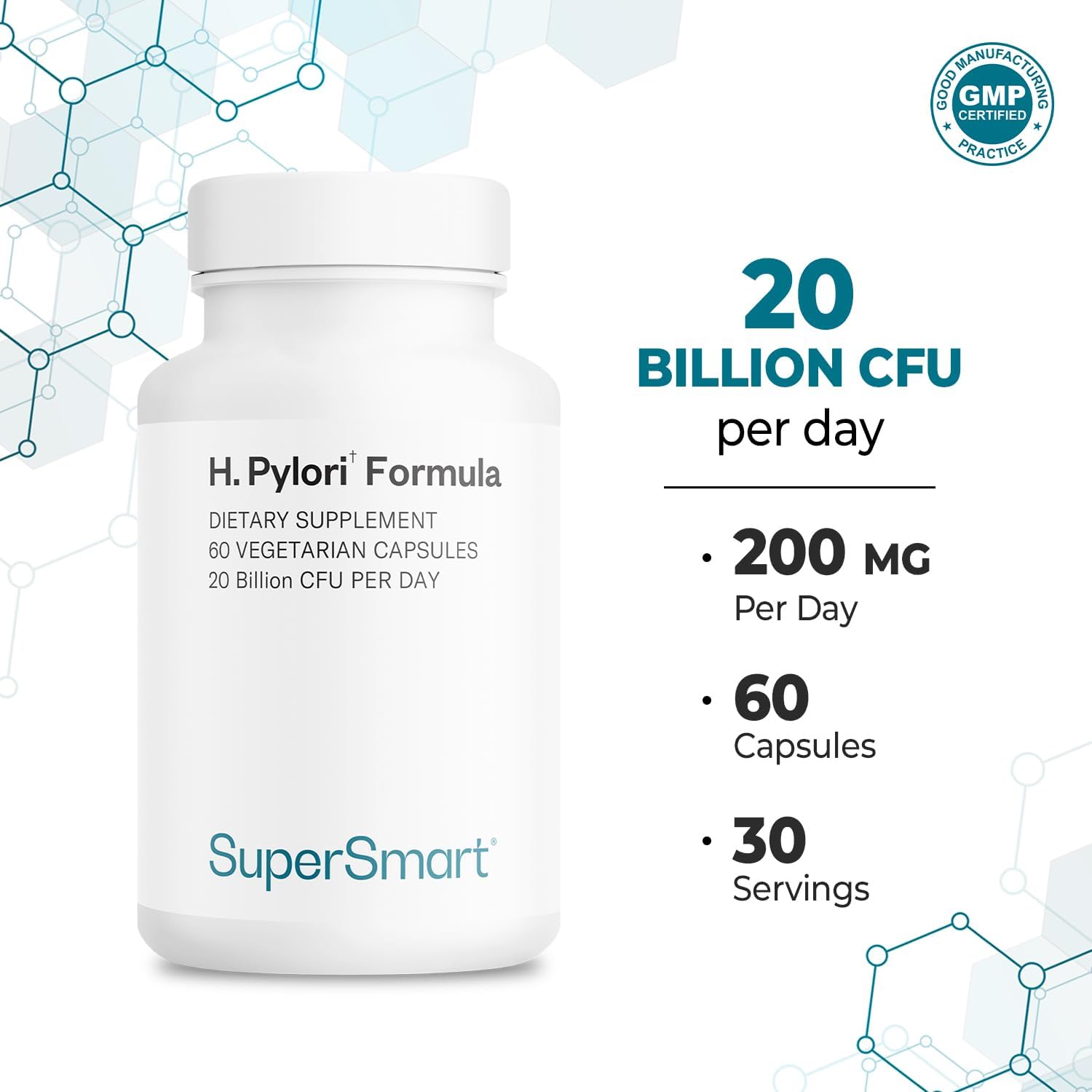 Supersmart H. Pylori Formula 20 Billion Cfu Per Day (High Potency) - Patented Pylopass Probiotic Lactobacillus Reuteri Dsm 17648 Supplement | Non-Gmo & Gluten Free - 60 Vegetarian Capsules : Health & Household