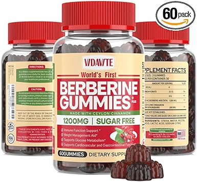Berberine with Ceylon Cinnamon Gummies ? Sugar-Free Berberine Plus 1200 mg Supports Immune Function ? 98% Purity & 10x Bioavailability for Cardiovascular & Gastrointestinal Care (60 Gummies)