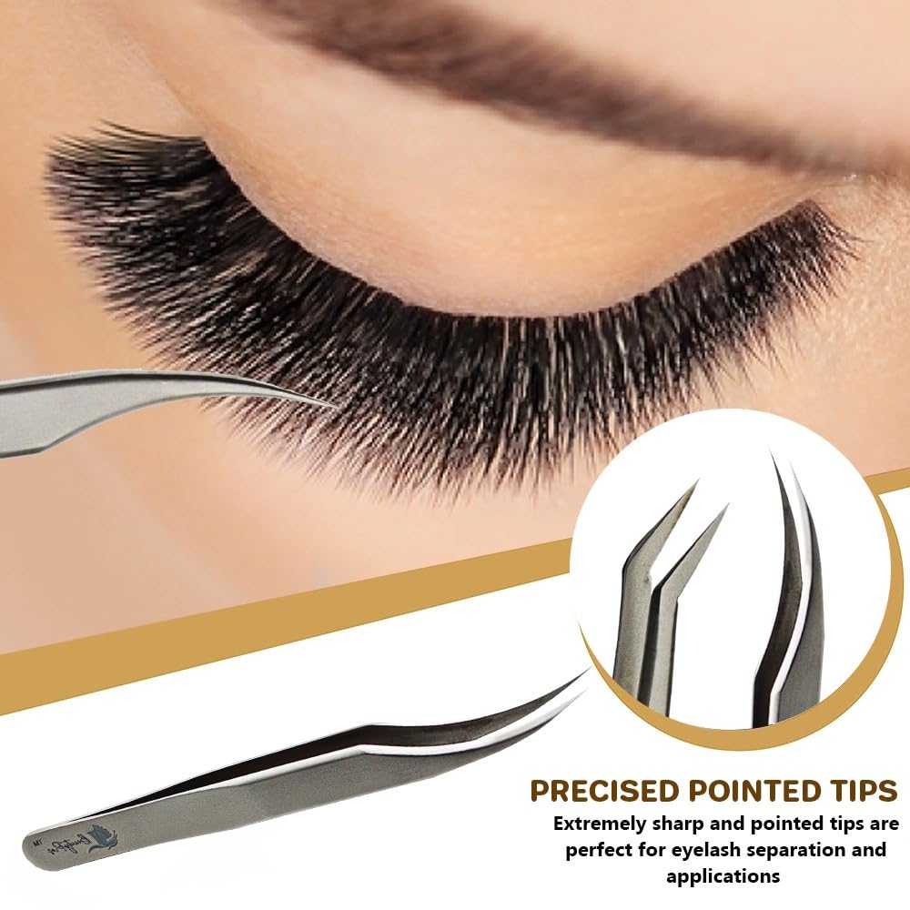 Beautypros Lash Extension Kit - 45 Degree Angle Precision-Lash Tweezers For Eyelashes Extension Kit - Angled Tweezers For 3D & 6D Lashes - Stainless Steel Craft Tweezers For Eyelash Extension - Silver : Beauty & Personal Care