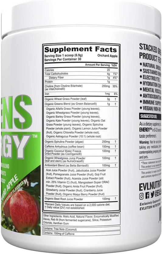 Greens and Superfoods Energy Drink Powder - EVL Super Greens Powder Smoothie Mix with Caffeine Spirulina Chlorella and Wheat Grass - Vegan Greens Superfood Powder for Energy Focus and Immunity