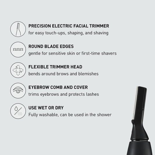 Panasonic Facial Hair Trimmer for Sensitive Skin, Unisex Detailer with Flexible Head, Gentle on Acne, Includes 2 Eyebrow Attachments, Wet/Dry - ER-GM40-K (Black)