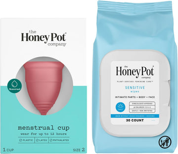 The Honey Pot Company - Size 2 Menstrual Cup - 12 Hour Reusable Protection For Periods & Sensitive Wipes Bundle 30 Ct - Daily Ph Balancing, Fragrance & Sulfate Free For Intimate Parts, Body, Or Face