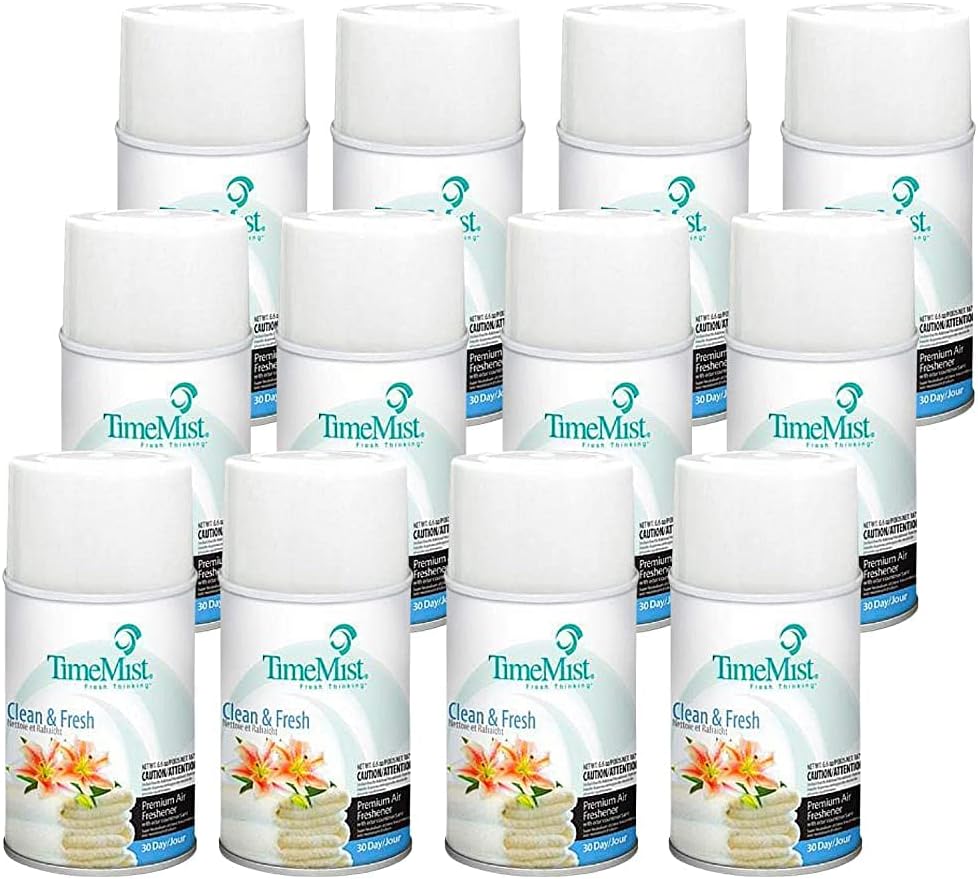 TimeMist Premium Metered Air Freshener Refills - Clean & Fresh - 7.1 oz (Case of 12) - 1042771 - Lasts Up To 30 Days and Neutralizes Tough Odors