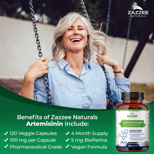 Zazzee High Absorption Artemisinin, 100 Mg Per Capsule, 120 Vegan Capsules, With 5 Mg Bioperine For Maximum Absorption, Sweet Wormwood Extract, 4 Month Supply, All-Natural And Non-Gmo