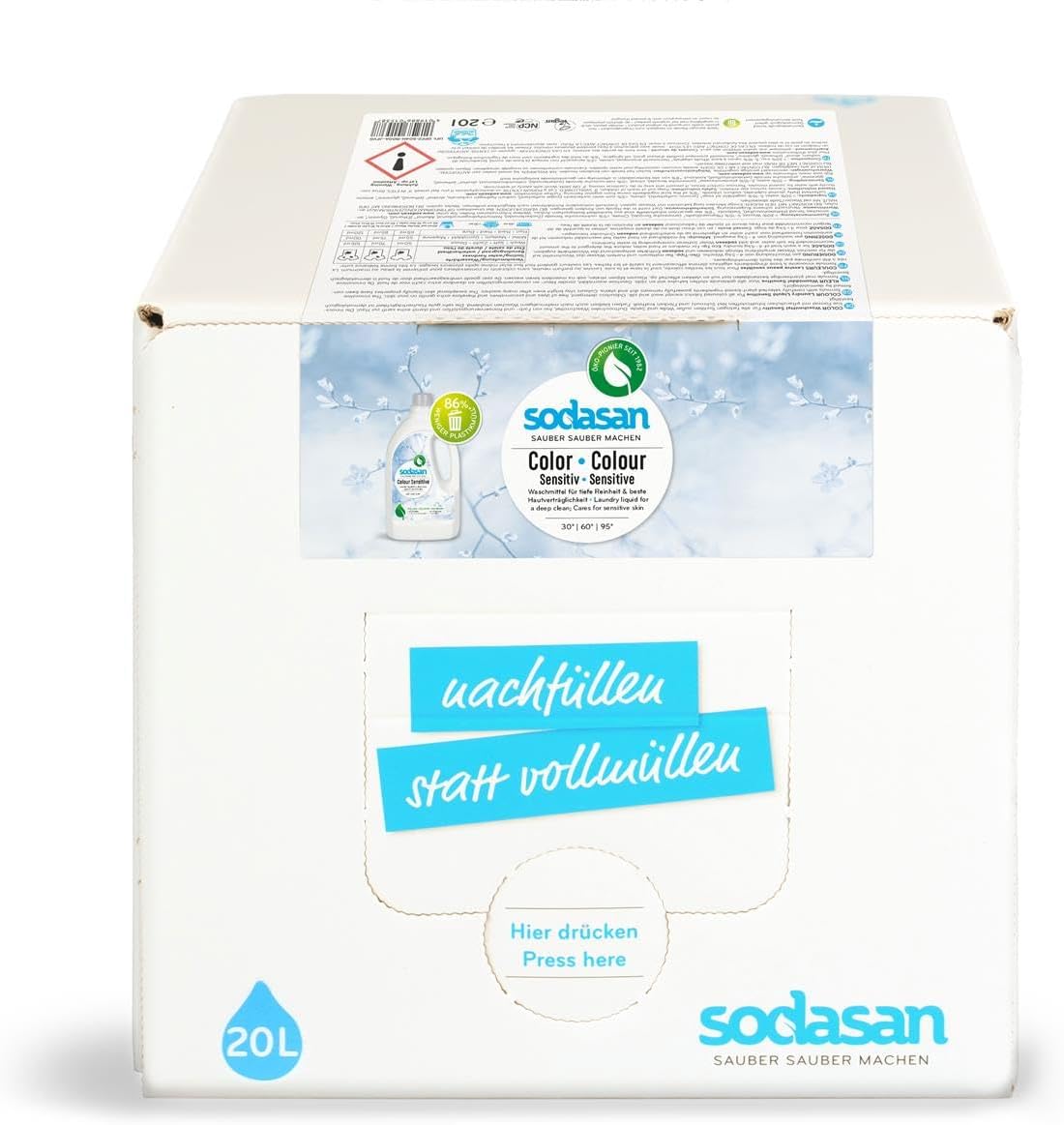 Sodasan Laundry Detergent, Sensitive, Liquid, 20 L, Fragance-Neutral, Hypoallergenic, Organic, 1 Unit