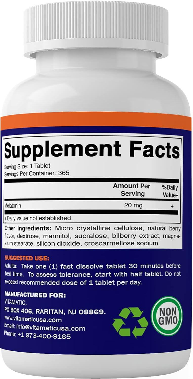 Vitamatic Melatonin 20mg Tablets | Vegetarian, Non-GMO, Gluten Free | 1 Year Supply | Natural Berry Flavor - 365 Tablets : Health & Household