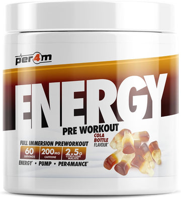 Per4M Energy Pre Workout With Amino Acids | Caffeine, Tyrosine, Citrulline & Theobromine | Endurance, Focus & Sustained Power | 60 Servings (390G, Cola Bottle)