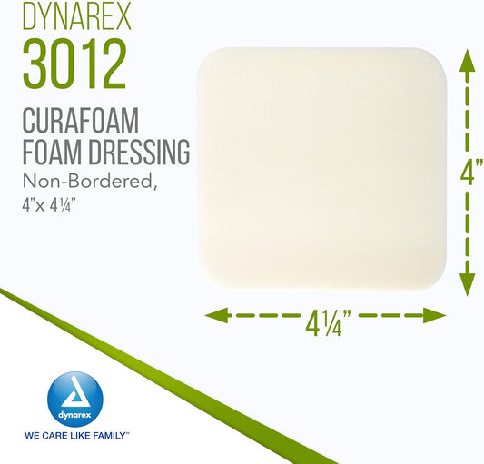 Dynarex 3012 Curafoam Foam Dressing, Non-Bordered, Sterile, Provides Cushioned And Moist Wound Care, 4" X 4.25", Pack Of 10