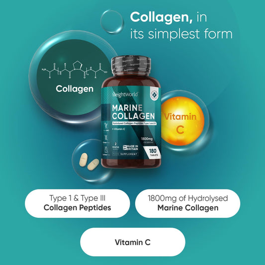 Hydrolysed Marine Collagen Tablets 1800Mg - Collagen Supplements For Women & Men - 180 Tablets - With Type 1 & 3 Peptides & Vitamin C - Made In The Uk