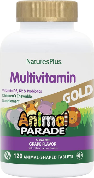 Natures Plus Animal Parade Gold Children'S Multivitamin, Grape Flavor - 120 Chewable Animal Shaped Tablets - Vegan, Gluten Free - 60 Servings