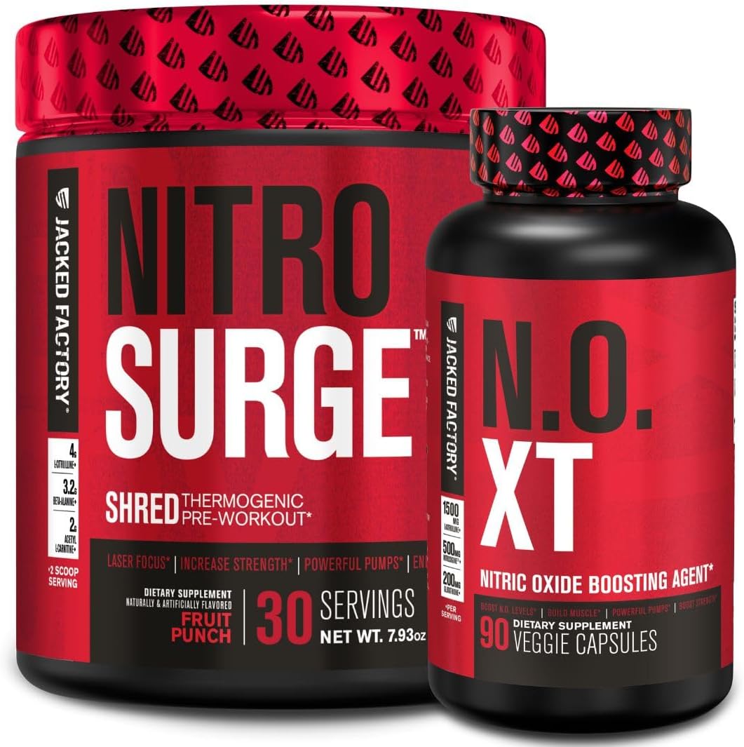 Jacked Factory Nitrosurge Shred Thermogenic Pre-Workout In Fruit Punch & N.O. Xt Nitric Oxide Booster For Men & Women