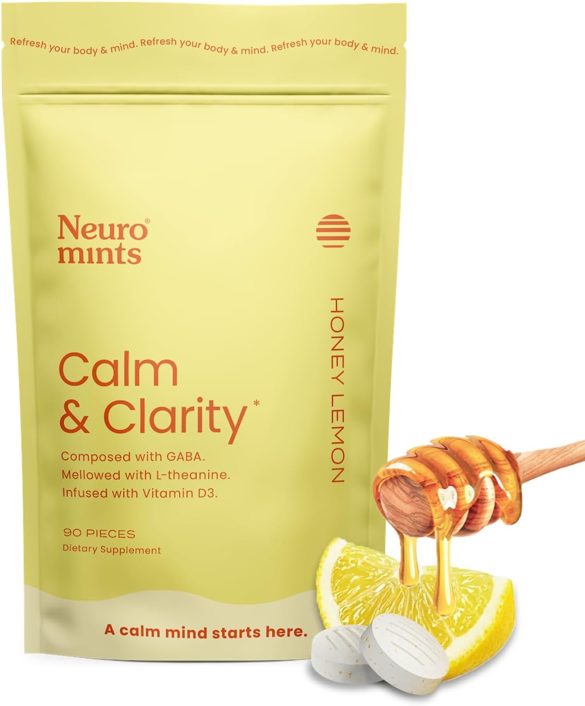 Neurogum Calm & Clarity Mints (90 Pieces) - Sugar Free With L-Theanine + Gaba + Vitamin D3 - Nootropic Brain Supplements For Memory - Enhances Calm, Stress Relief For Men & Women - Honey Lemon