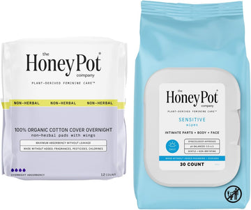 The Honey Pot Company - Non-Herbal Overnight Pads & Sensitive Feminine Wipes Bundle - Cotton Cover & Natural Hygiene Feminine Products - Sanitary Pads For Women - Feminine Care - Fsa & Hsa Eligible