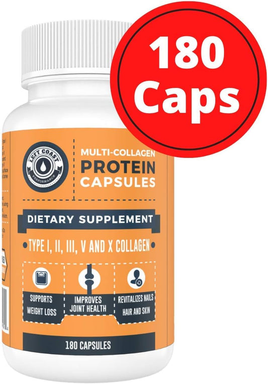 Left Coast Performance Multi Collagen Protein Capsules (Collagen Caps 1 2 3 5 10) - 180 Collagen Peptide Pills. Grass Fed Bovine, Chicken & Eggshell Supplement For Men And Women