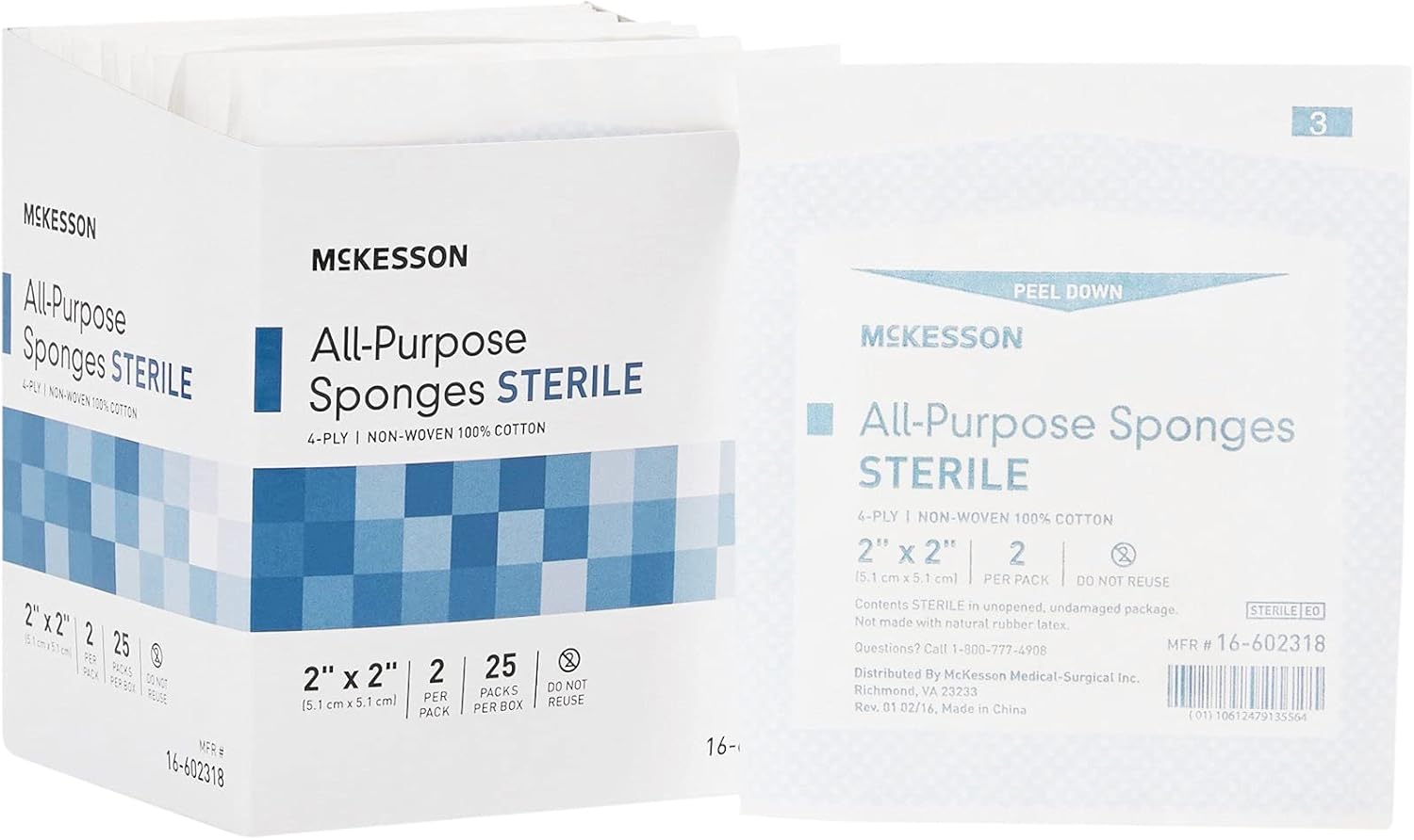 Mckesson All Purpose Sponges, Sterile, 4-Ply, 100% Cotton, 2 In X 2 In, 2 Per Pack, 25 Packs, 50 Total