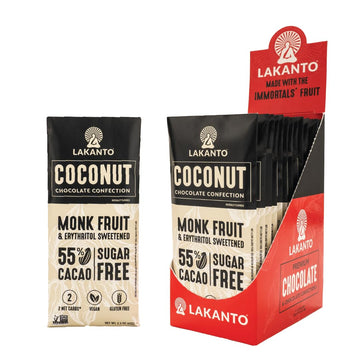 Lakanto Sugar Free Coconut Chocolate Bars - Monk Fruit Sweetener and Erythritol, 55% Cacao, Premium Chocolate, Rich Taste, Cocoa Butter, Vegan, Gluten Free, Sea Salt (Coconut - 12 Bars - Pack of 1)