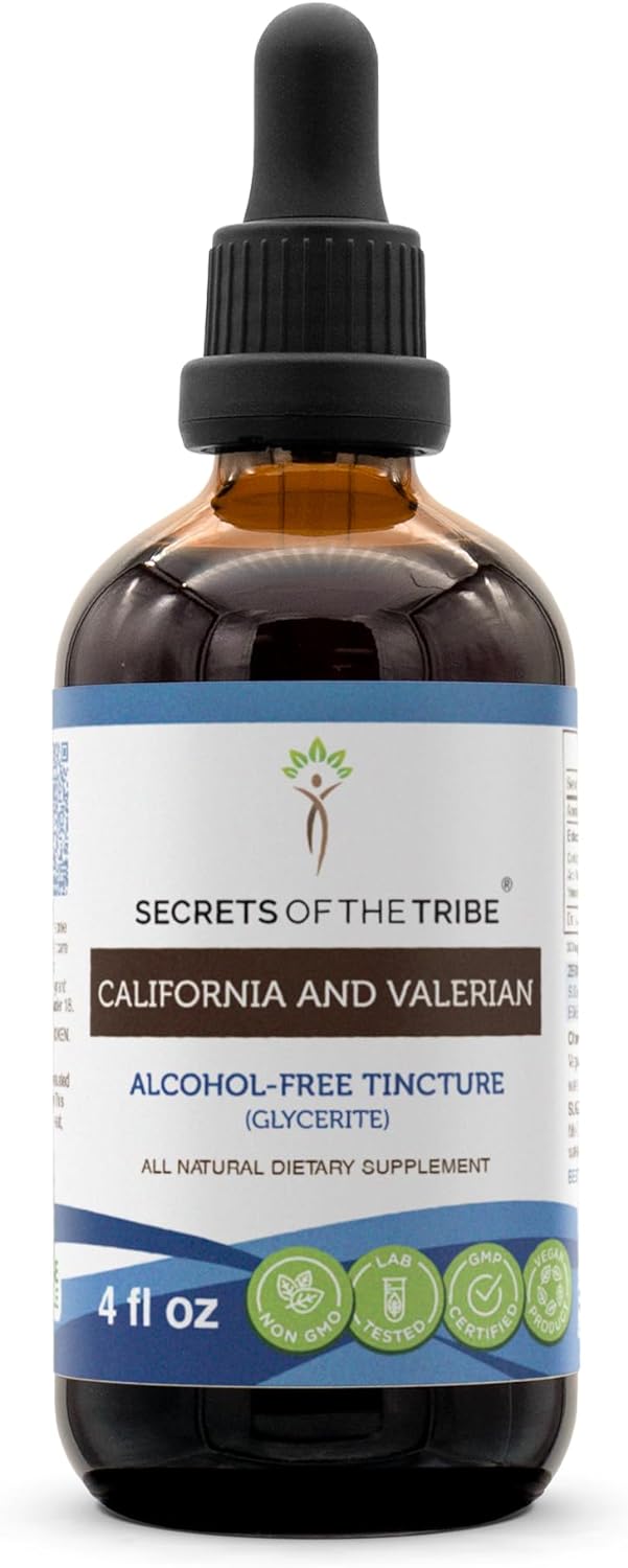 Secrets of the Tribe California and Valerian Alcohol-Free Liquid Extract, Herbs (California Poppy Herb and Flower, Valerian Root) Tincture Supplement (4 FL OZ)